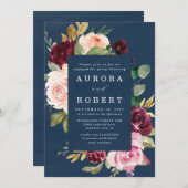 Navy Blue Burgundy Blush Gold Engagement Party Kaart (Voorkant / Achterkant)