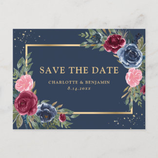 Navy Blue Burgundy Blush Gold Floral Save the Date Aankondigingskaart