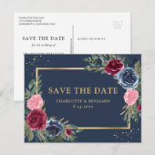Navy Blue Burgundy Blush Gold Floral Save the Date Aankondigingskaart (Voorkant / Achterkant)