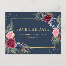 Navy Blue Burgundy Blush Gold Floral Save the Date Aankondigingskaart