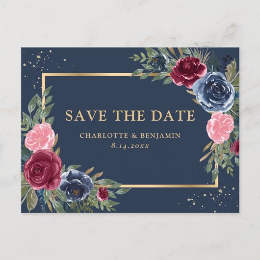 Navy Blue Burgundy Blush Gold Floral Save the Date Aankondigingskaart (Voorkant)
