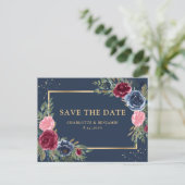 Navy Blue Burgundy Blush Gold Floral Save the Date Aankondigingskaart (Staand voorkant)
