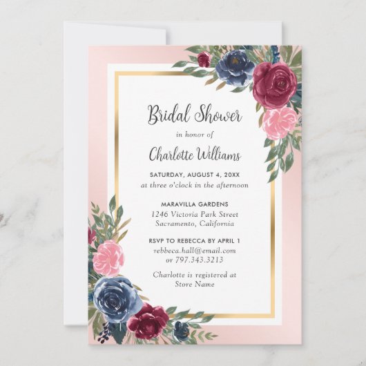 Navy Blue Burgundy Blush Gold Floral Vrijgezellenf Kaart (Voorkant)