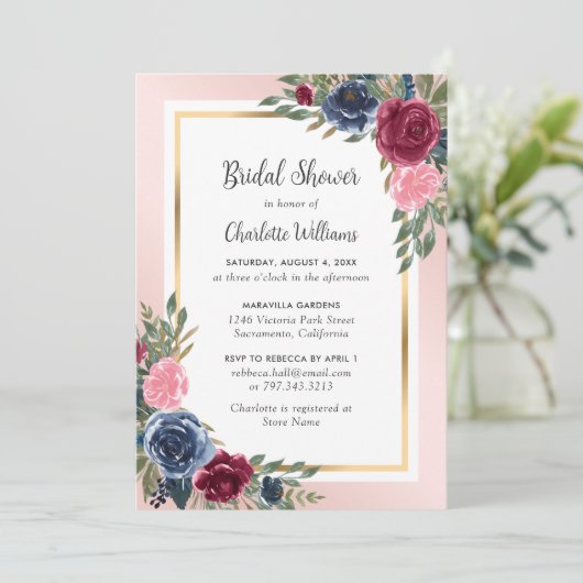 Navy Blue Burgundy Blush Gold Floral Vrijgezellenf Kaart (Staand voorkant)