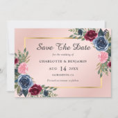 Navy Blue Burgundy Blush Gold Floral Wedding Save The Date (Voorkant)