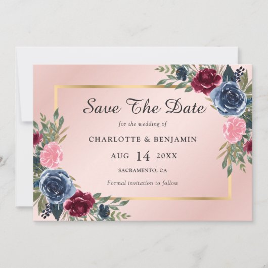 Navy Blue Burgundy Blush Gold Floral Wedding Save The Date (Voorkant)