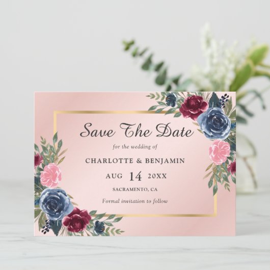 Navy Blue Burgundy Blush Gold Floral Wedding Save The Date (Staand voorkant)