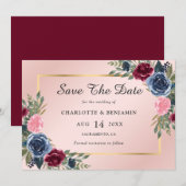 Navy Blue Burgundy Blush Gold Floral Wedding Save The Date (Voorkant / Achterkant)