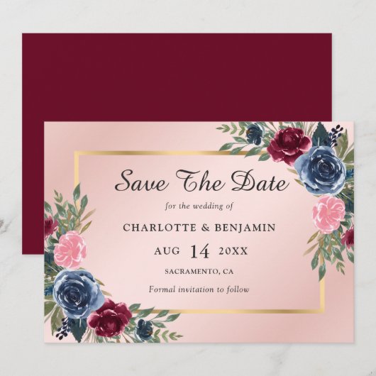 Navy Blue Burgundy Blush Gold Floral Wedding Save The Date (Voorkant / Achterkant)