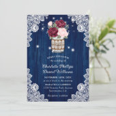 Navy Blue Burgundy Blush Lace Mason Jar Wedding Kaart (Staand voorkant)