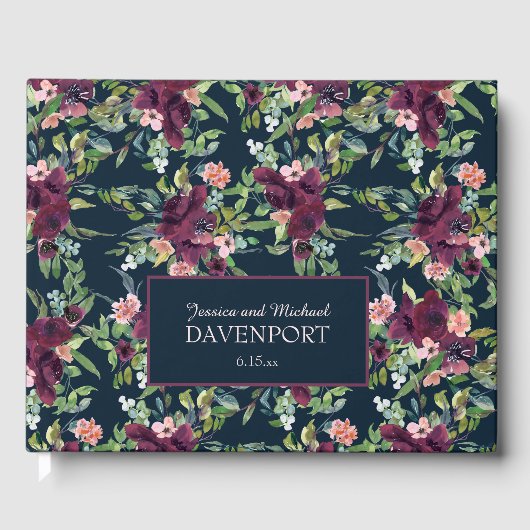 Navy Blue Burgundy Blush Pink Floral Weddenschap Gastenboek (Voorkant)