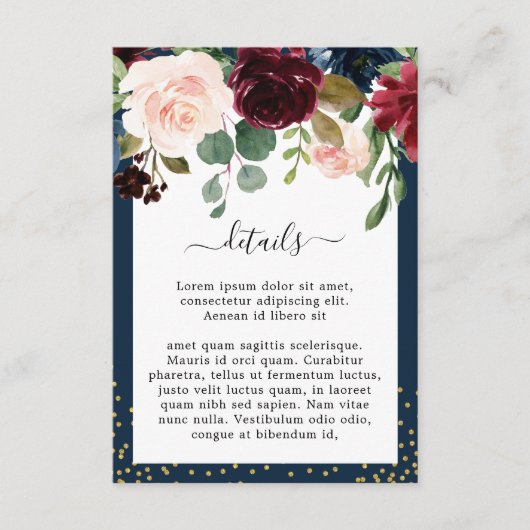 Navy Blue Burgundy Blush Pink Floral Weddenschap Informatiekaartje (Voorkant)