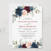 Navy Blue Burgundy Blush Pink Floral Weddenschap Kaart (Voorkant)