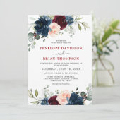 Navy Blue Burgundy Blush Pink Floral Weddenschap Kaart (Staand voorkant)