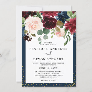 Navy Blue Burgundy Blush Pink Floral Weddenschap Kaart