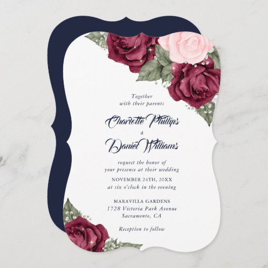 Navy Blue Burgundy Blush Pink Floral Weddenschap Kaart (Voorkant / Achterkant)
