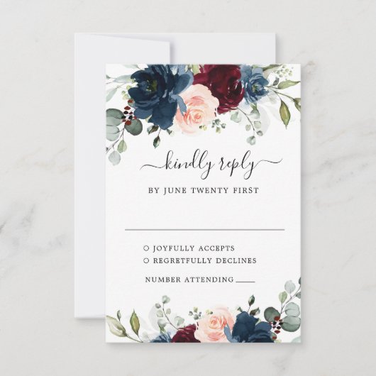 Navy Blue Burgundy Blush Pink Floral Weddenschap RSVP Kaartje