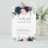 Navy Blue Burgundy Blush Pink Floral Weddenschap RSVP Kaartje