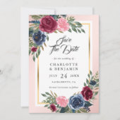 Navy Blue Burgundy Blush Pink Floral Weddenschap Save The Date (Voorkant)
