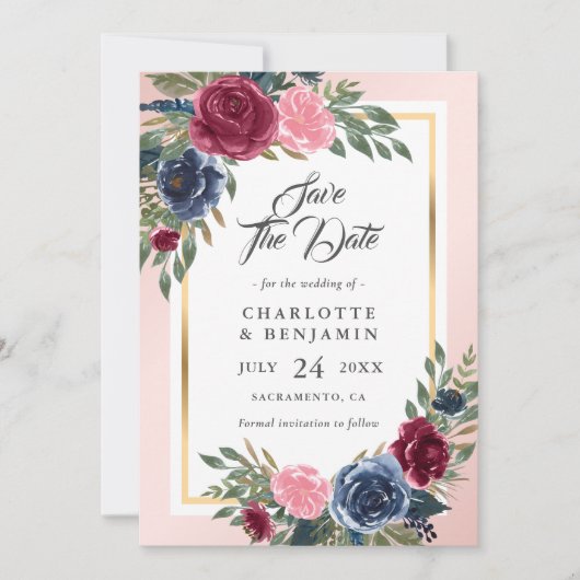 Navy Blue Burgundy Blush Pink Floral Weddenschap Save The Date (Voorkant)
