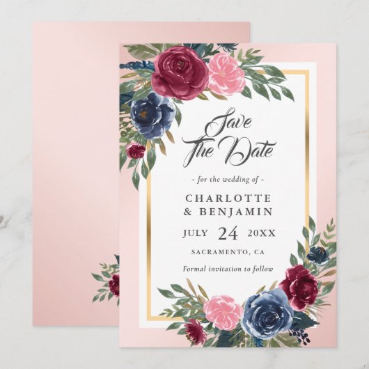 Navy Blue Burgundy Blush Pink Floral Weddenschap Save The Date (Voorkant / Achterkant)