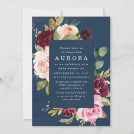 Navy Blue Burgundy Blush Pink Gold Baby shower Kaart