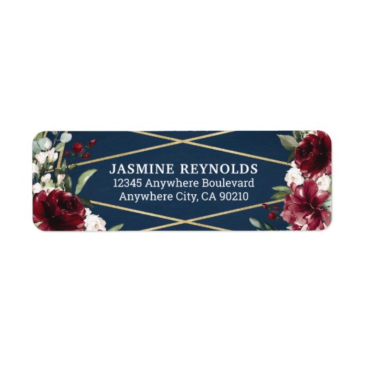 Navy Blue Burgundy Blush Pink Gold Floral Weddensc Etiket (Voorkant)