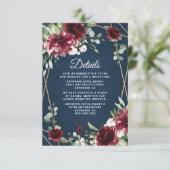 Navy Blue Burgundy Blush Pink Gold Floral Weddensc Informatiekaartje (Staand voorkant)