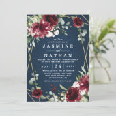 Navy Blue Burgundy Blush Pink Gold Floral Weddensc Kaart (Staand voorkant)