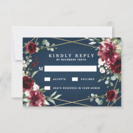Navy Blue Burgundy Blush Pink Gold Floral Weddensc RSVP Kaartje