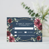 Navy Blue Burgundy Blush Pink Gold Floral Weddensc RSVP Kaartje (Staand voorkant)
