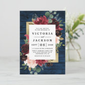 Navy Blue Burgundy Blush Pink Gold Rustic Weddensc Kaart (Staand voorkant)