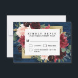 Navy Blue Burgundy Blush Pink Gold Rustic Weddensc RSVP Kaartje<br><div class="desc">Het ontwerp is voorzien van een donkerblauw blauw schors met een groene, elegante bloemkreet van de rozen van de pony, de eucalyptusgroen en meer in de schoppen van de Bourgogne, de Marsala-rode, de maroon, de wazige roze enz. Het ontwerp is ook voorzien van een gekleurde gouden rand onder de bloemlep...</div>