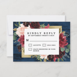 Navy Blue Burgundy Blush Pink Gold Rustic Weddensc RSVP Kaartje