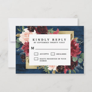Navy Blue Burgundy Blush Pink Gold Rustic Weddensc RSVP Kaartje