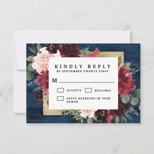 Navy Blue Burgundy Blush Pink Gold Rustic Weddensc RSVP Kaartje (Voorkant)