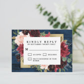 Navy Blue Burgundy Blush Pink Gold Rustic Weddensc RSVP Kaartje (Staand voorkant)