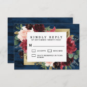 Navy Blue Burgundy Blush Pink Gold Rustic Weddensc RSVP Kaartje (Voorkant / Achterkant)