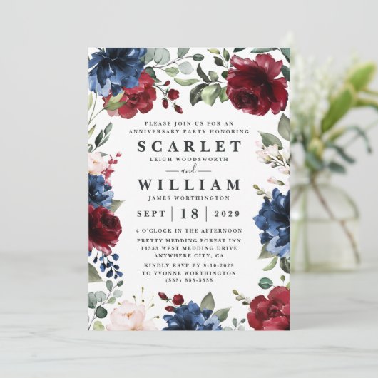 Navy Blue Burgundy Blush Pink Jubileum Party Kaart (Staand voorkant)