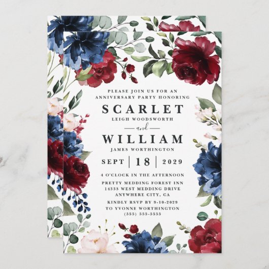 Navy Blue Burgundy Blush Pink Jubileum Party Kaart (Voorkant / Achterkant)