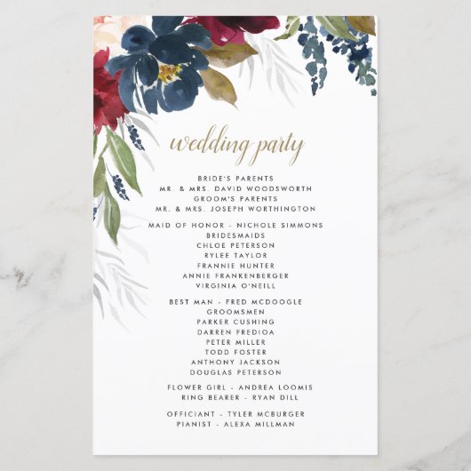 Navy Blue Burgundy Blush Pink Wedding Programs (Achterkant)