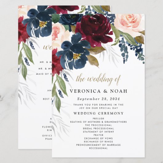 Navy Blue Burgundy Blush Pink Wedding Programs (Voorkant / Achterkant)