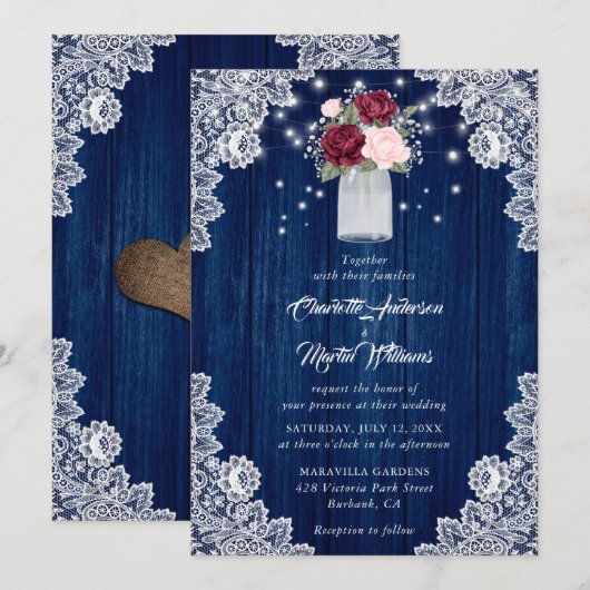 Navy Blue Burgundy Blush Roos Wood Floral Weddensc Kaart (Voorkant / Achterkant)