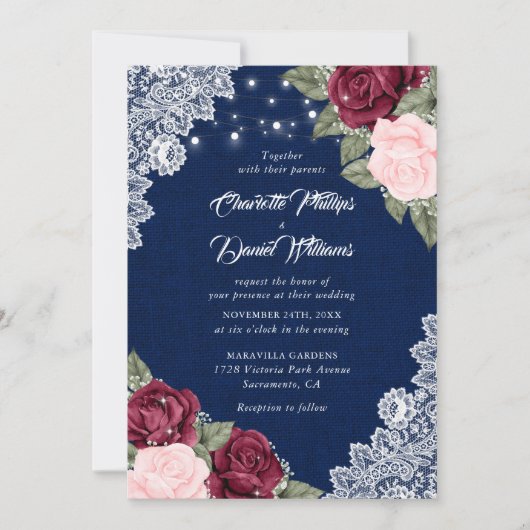 Navy Blue Burgundy Blush Rustic Floral Wedding Kaart (Voorkant)