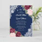 Navy Blue Burgundy Blush Rustic Floral Wedding Kaart (Staand voorkant)