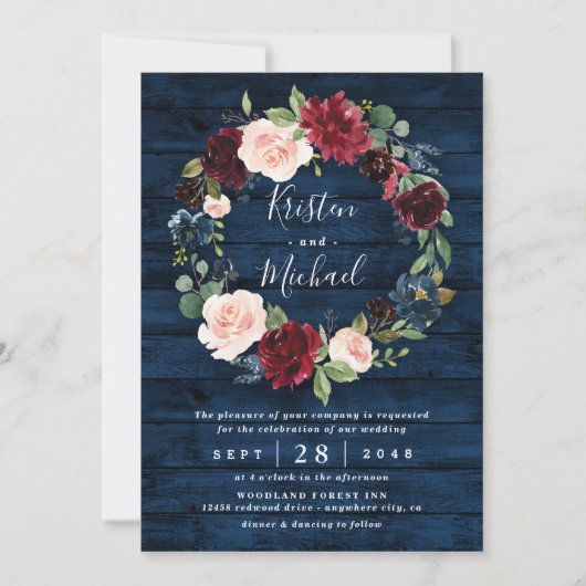 Navy Blue Burgundy Blush Waterverf Wreath Wedding Kaart (Voorkant)