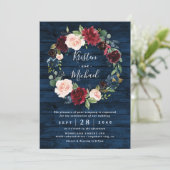 Navy Blue Burgundy Blush Waterverf Wreath Wedding Kaart (Staand voorkant)