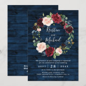 Navy Blue Burgundy Blush Waterverf Wreath Wedding Kaart (Voorkant / Achterkant)