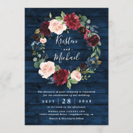 Navy Blue Burgundy Blush Waterverf Wreath Wedding Kaart