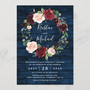 Navy Blue Burgundy Blush Waterverf Wreath Wedding Kaart